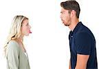 Childish couple having an argument on white background