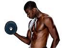 Serious fit shirtless young man lifting dumbbell over white background