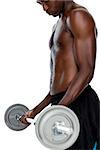 Determined fit shirtless young man lifting barbell over white background