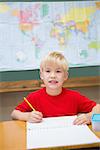 Cute pupil smiling at camera in classroom at his desk at the elementary school