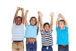 Cute children cheering at camera on white background