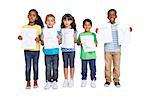 Cute children showing safety message to camera on white background