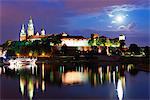 Europe, Poland, Malopolska, Krakow, full moon over Wawel Hill Castle and Cathedral, Vistula River, Unesco site