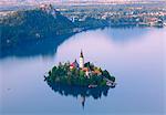 Slovenia, Julian Alps, Upper Carniola, Lake Bled. Aerial view of the island on Lake Bled
