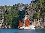 Vietnam, Quang Ninh Province, Ha Long Bay. A tourist junk anchored among the two thousand limestone Karst islands in Ha Long Bay a spectacular World Heritage Site.