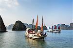 Vietnam, Quang Ninh Province, Ha Long Bay. Tourist junks anchored among the two thousand limestone Karst islands in Ha Long Bay a spectacular World Heritage Site.