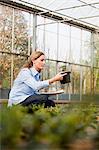 Woman inspecting plants in nursery
