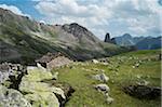 View of Italian Alps in the Maira Valley with typical sheepfold, Italy