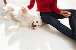 Woman playing with dog on floor