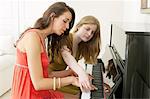 Teenage girls playing piano together