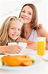 Mother and daughter at breakfast table