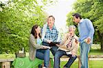 Friends using tablet computer in park