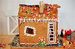 Close up of decorated gingerbread house