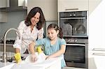 Mother and daughter washing dishes