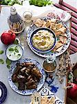 Still life of yogurt eggplant dips and dolmade