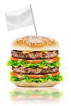 Delicious big burger with beef, tomato, cheese and lettuce with white flag on white background with clipping path.