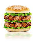 Delicious chicken burger with beef, tomato, cheese and lettuce on white background with clipping path.