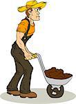 A farmer carries a wheelbarrow with the ground. Worker with wheelbarrow standing in profile.