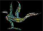 artistic gymnastics pictogram with colorful wordings on black background