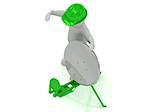 3d man in an green helmet adjusts the green satellite dish on a white background