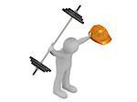 3d man very strong keeps one hand greater barbell and in other hand he keeps orange building helmet