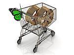 3D shopping trolley in high definition. Buying the new gold rims for summer. Isolated on a white background with green butterfly