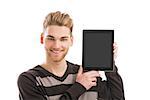 Good looking young man showing something on a tablet