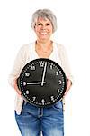 Elderly woman holding a clock, isoalted on white background