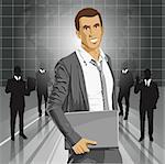 Vector business man with laptop in his hands. All layers well organized and easy to edit