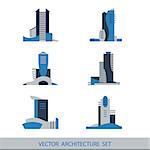 Set of six colorful modern vector silhouettes of buildings - skyscrapers isolated on white background