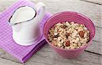 Healty breakfast with muesli and milk. On wooden table