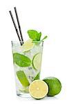 Fresh mojito cocktail and limes. Isolated on white background