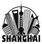 Shanghai China City Skyline Outline Silhouette in Circle Black Isolated on White Background Illustration