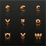 Golden currency icons set.  Vector illustration.