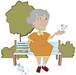 Grandmother on the bench feeding birds. Vector cartoon illustration