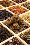 Tea collection. Various tea sorts in wooden box.