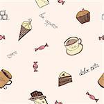 Seamless pattern with the image of sweet food on a beige background