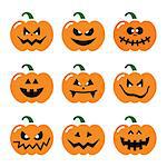Celebrating Halloween - pumpkin with scary faces icons set isolated on white