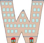 Isolated letter W in shape of tall building