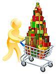 Gift shopper concept of a person pushing shopping trolley cart full of gifts