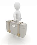 Leather suitcase for travel with 3d man on a white background