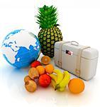 Citrus,earth and traveler's suitcase on a white background