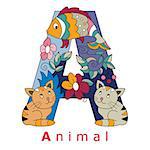 decorative initial, capital letter A with funny nice cats and kittens and decorative flowers. Vector image.