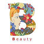 decorative,  initial, capital letter B with a face of pretty woman and  decorative  flowers. Vector image.