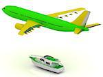 Green passenger airliner and green boat. Top view isolated on white