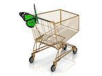 Shopping gold trolley in high definition and green butterfly Isolated on a white background