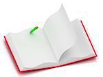 Open notepad in red cover with a one green pen isolated on a white background