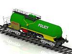 POLICY inscription on green railway wagon on white background