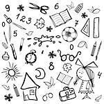 Set of monochrome sketches by children and school themes, vector illustration hand drawing