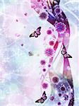 Beautiful pink ornament with butterflies and flowers on abstract background.
